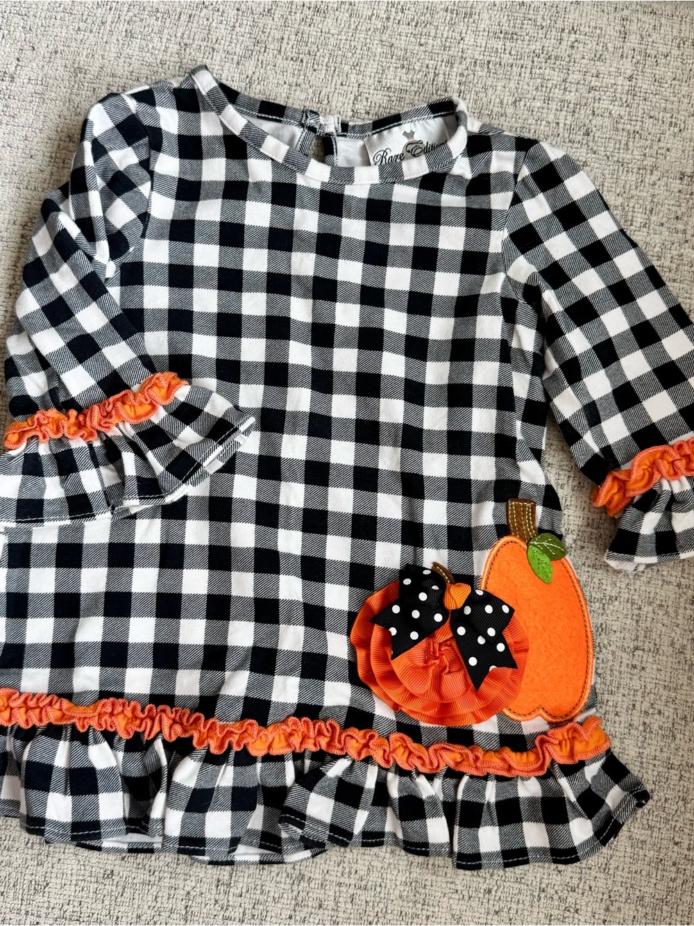 Rare Editions Black White Plaid Dress with Orange Pumpkin Applique